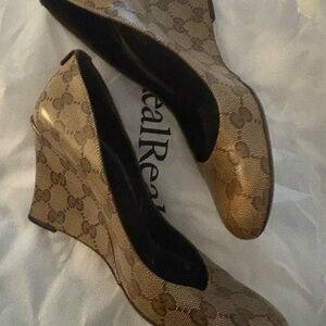 Gucci Tan Monogram Wedge Shoes
